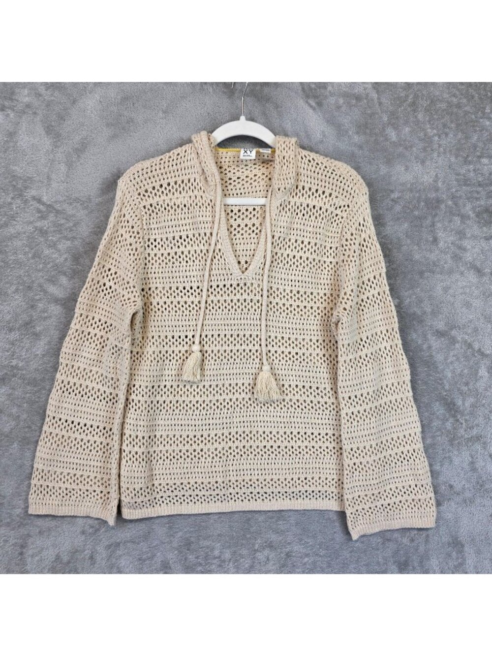 Roxy Sweater Hoodie Womens Small Beige Open Knit Crochet Tassel V Neck Pullover